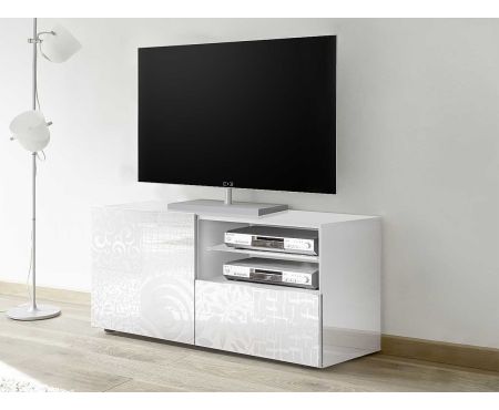 Elegante base porta tv con una anta ed un cassetto in legno bianco lucido della serie Klimt di LoveKasa