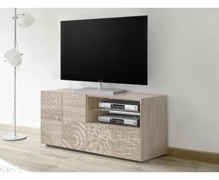 Elegante base porta tv con una anta ed un cassetto con finitura color legno rovere della serie Klimt di LoveKasa
