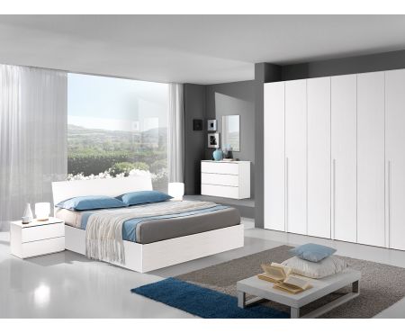 Camera Completa Ilaria di LoveKasa in Finitura Bianco Graffiato composta da: Armadio 6 Ante con 2 Specchi Centrali, Coppia Comodini 2 Cassetti, Comò 3 Cassetti,  Specchiera e Letto Contenitore 