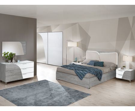 Camera Completa Wave di LoveKasa in Finitura Rovere Grigio/Bianco Neve composta da: Armadio con Specchio, Coppia Comodini, Comò,  Specchiera, Letto Contenitore 