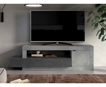 Base TV moderna Serie Free di LoveKasa, con 1 anta e 1 cassetto, in finiture sofisticate Cemento e Piombo, progettata per aggiungere stile e ordine al tuo spazio di intrattenimento.