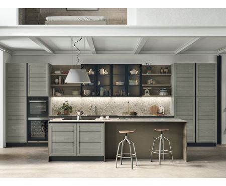 Panoramica Frontale - Cucina Moderna Componibile della collezione Wood, modello 