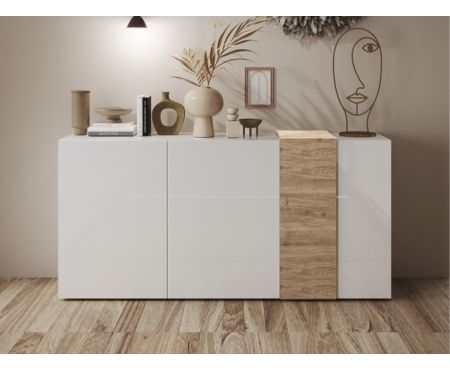 Madia Contenitore a tre ante della serie Afrodite di LoveKasa con finiture in bianco lucido e rovere Kadiz, che unisce design moderno e calore naturale per un arredamento di classe e funzionale.