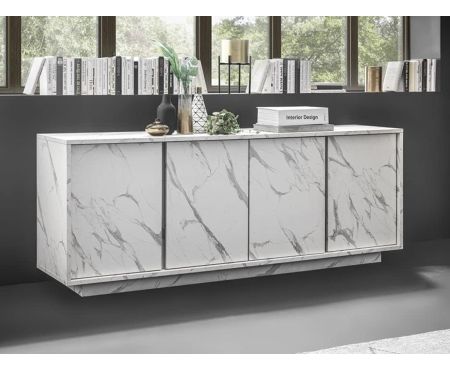 Madia contemporanea LoveKasa serie 'Michelangelo' con quattro ante, finitura biancio effetto marmo, perfetta per aggiungere un tocco di eleganza moderna e organizzazione alla casa.