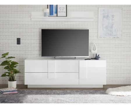 Madia bassa porta TV, colore bianco lucido con 1 anta e due cassetti della serie Premium di Love Kasa