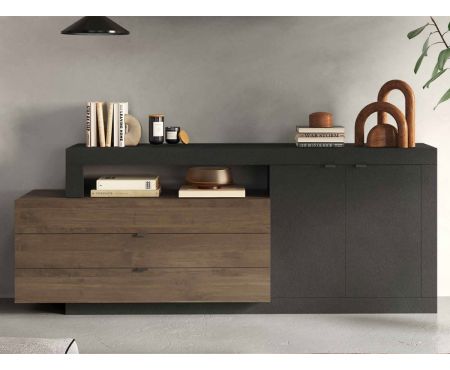 Madia contenitore con finiture in colore lava e mercure, due ante e tre cassetti della collezione Free di Love Kasa. un elegante pezzo di arredamento moderno adatto a qualsiasi ambiente 