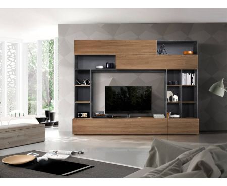 Mobile soggiorno moderno Serie Patrick di LoveKasa in colorazione ossido e noce Stelvio, perfetto per un ambiente abitativo contemporaneo che valorizza spazio e stile