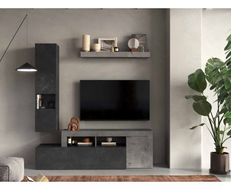 Mobile Soggiorno completo della serie Free di Love Kasa nel colore Cemento e Piombo, con porta TV, mensola e colonna, che esprime un design moderno e minimalista per interni raffinati.