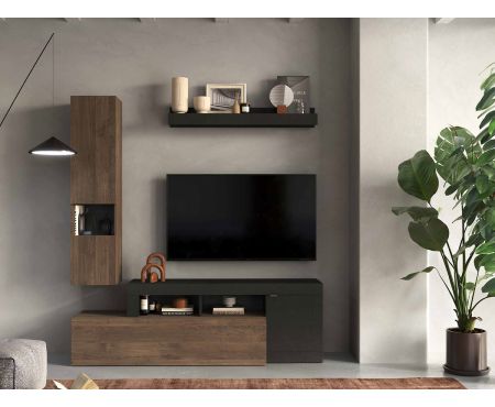 Mobile Soggiorno della serie Free di Love Kasa nel colore Lava e Mercure, con porta TV, mensola e colonna, che esprime un design moderno e minimalista per interni raffinati.